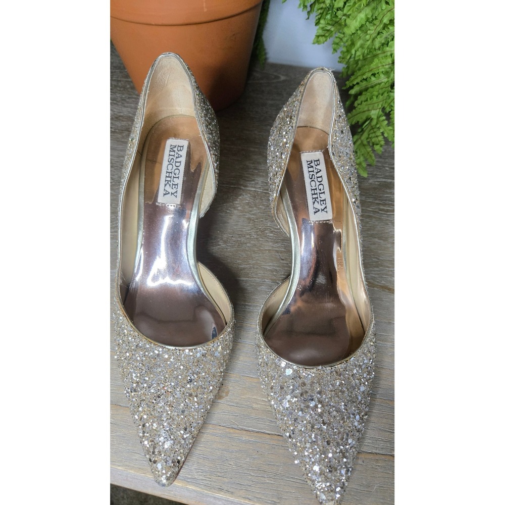 Badgley Mischka Gold Glitter D'Orsay Pointed Toe Heels Pumps 6.5 - Picture 4 of 5